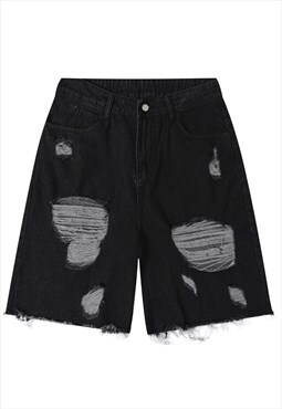 Ripped denim shorts shredded crop jean skater pants in black