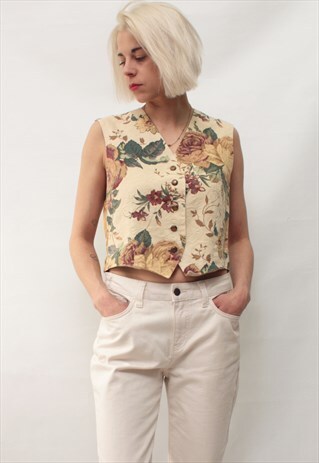 VINTAGE 80' AMAZING BEAUTIFUL BEIGE FLOWER VEST