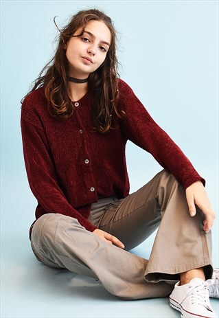 90'S RETRO MAROON KNIT GRUNGE VELVETEEN CARDIGAN