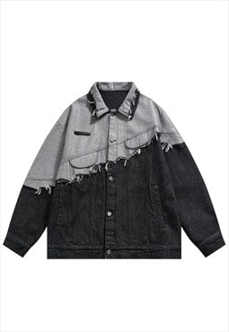 Stitched denim jacket distressed jean varsity contrast coat