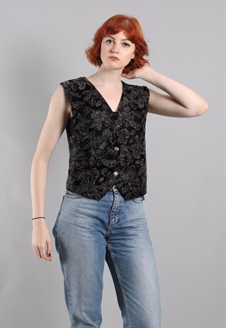VINTAGE 80S VELVET GLITTER PATTERNED WAISTCOAT