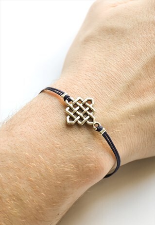 MENS BRACELET SILVER INFINITY CELTIC KNOT CHARM BLACK CORD