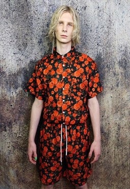 Floral sports set rose pattern shirt & shorts combo in red