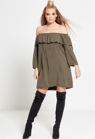 KHAKI FAUX SUEDE FRILL BARDOT DRESS