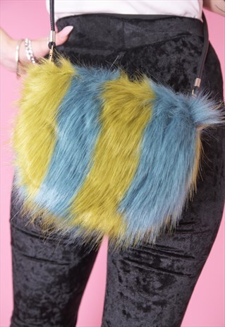 VINTAGE INSPIRED BAG CROSS BODY IN FAUX FUR IN GREEN BLUE
