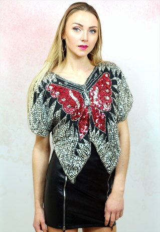 1980S VINTAGE BUTTERFLY SEQUIN AND BEAD EMBELLISHED SILK TOP