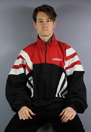 VINTAGE ADIDAS WINDBREAKER JACKET IN RED AND BLACK WITH ZIP