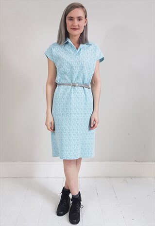 VINTAGE 60'S LIGHT BLUE KNIT STYLE COLLAR SHIFT DRESS