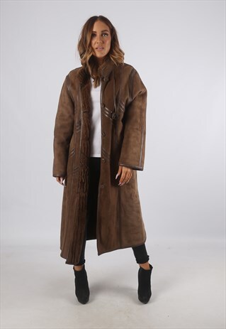 VINTAGE SHEEPSKIN SUEDE SHEARLING COAT LONG UK 14 (93Y)