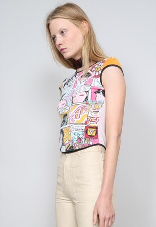 VINTAGE 90'S MOSCHINO COMIC PRINT CAP SLEEVE T-SHIRT
