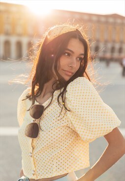 Yellow Crochet Effect Pearl Button Front Blouse