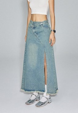 Maxi slit denim skirt acid wash distressed jean bottoms blue