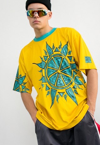 VINTAGE ATHLETIC TOP CREW NECK YELLOW BLUE PRINT 90S
