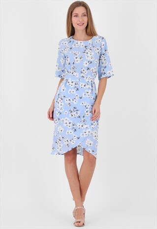CREW NECK WRAP FRONT FLORAL PRINT MIDI DRESS