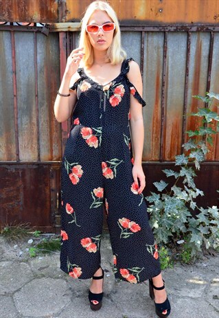 90S VINTAGE BLACK JUMPSUIT WITH FLOWERS