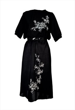 1980's Vintage Black Floral Pleated Dress & Belt 