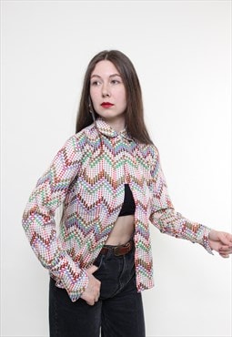 Vintage 90s multicolor blouse, abstract blouse button up 