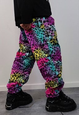 Leopard faux fur joggers raver pants fluffy animal trousers