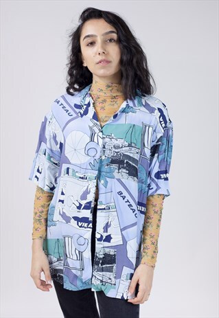 VINTAGE 90S BEACH SCENE PATTERNED LIGHT SILK BLOUSE