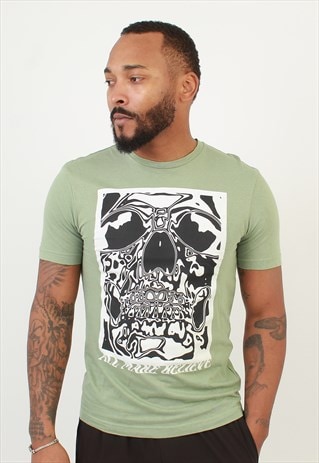 "MEN'S VINTAGE H&M SKULL GRAPHIC GREEN T SHIRT