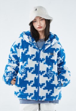 Hound-tooth fleece jacket check pattern fluffy bomber blue