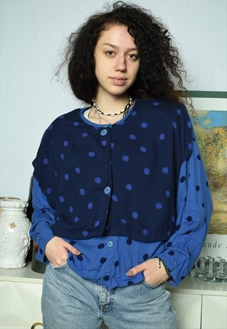 VINTAGE 80S POLKA DOT PRINT BLOUSE TOP OVERSIZED BLUE