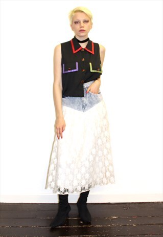 80S VINTAGE LACE DENIM SKIRT MIDI BOHO PUNK QUIRKY RETRO