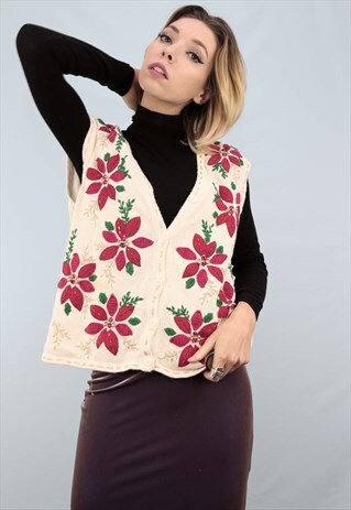 VINTAGE 80S 90S NOVELTY CHRISTMAS WAISTCOAT FLORAL