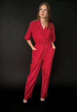 80's Vintage Dark Pink Short Sleeve Boilersuit Jumpsuit