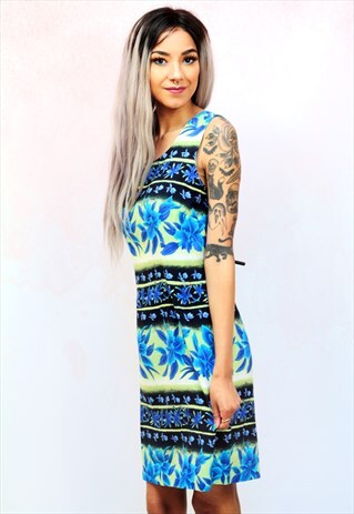 1990S VINTAGE GREEN AND BLUE FLORAL MINI SHIFT DRESS
