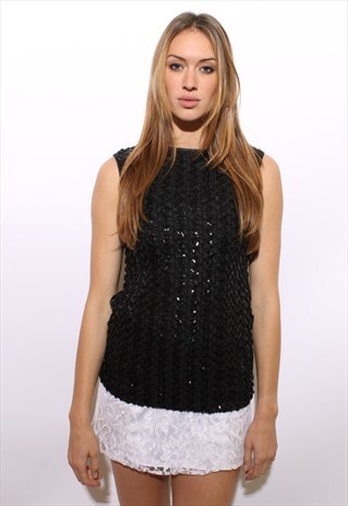 VINTAGE 1960'S 60'S BLACK SEQUIN RIBBON EMBELLISHED TOP XS-S