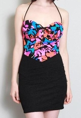 VINTAGE 1980'S BLACK KNIT ABSTRACT PRINT BODY CON MINI DRESS