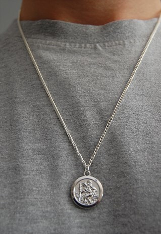 24" SILVER SAINT CHRISTOPHER COIN NECKLACE