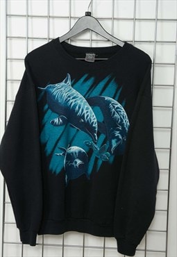 Vintage 90s Sweatshirt Wildlife Dolphin Black Size L