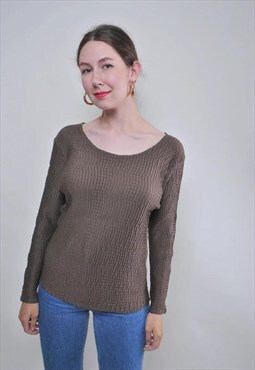 Vintage brown minimalist blouse, ribbed long sleeve shirt