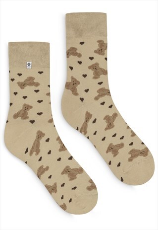 FUNKY WOMENS CAFE LATTE SOCKS WITH BROWN TEDDY BEAR ANIMAL