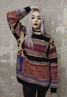 Retro sweater Aztec print top vintage pattern jumper in red