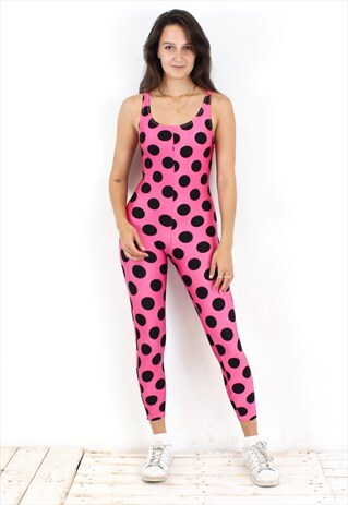 Lycra Women's M Fitness Pink Polka dots Playsuit Catsuit Gym