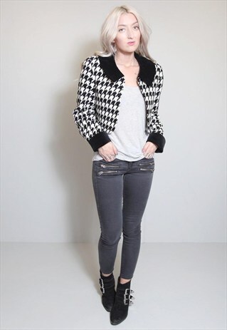 VINTAGE 1980'S BLACK & WHITE WOOL HOUNDSTOOTH CROPPED JACKET