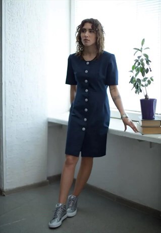 VINTAGE 80'S NAVY BUTTON UP SHORT SLEEVED DRESS