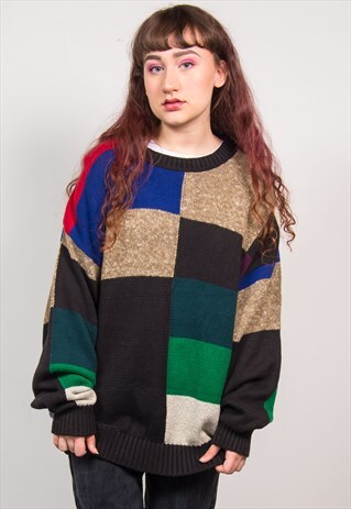 VINTAGE 90'S MULTICOLOUR CHECKED PATTERN KNIT JUMPER