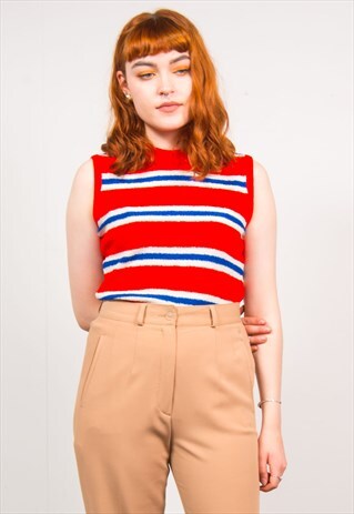 VINTAGE 70'S RED & BLUE STRIPED KNIT HIGH NECK VEST TOP