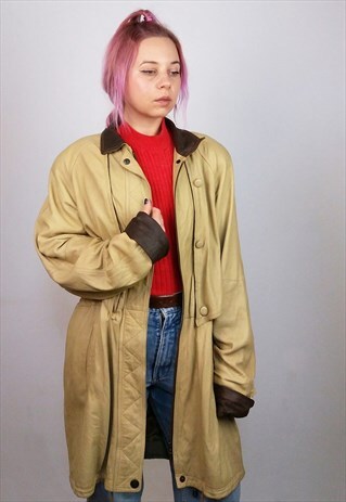 VINTAGE 80'S GENUINE LEATHER OVERSIZED COAT / JACKET IN TAN