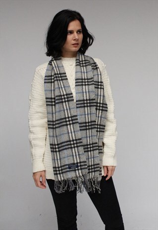 VINTAGE CASHMERE CHECKED SCARF GREY-AS06