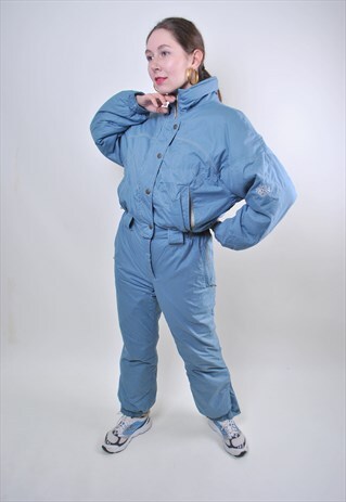 BLUE ONE PIECE VINTAGE SKI SUIT, WOMAN RETRO 80S SNOW SUIT