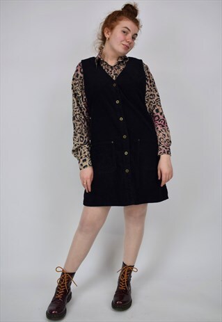 VINTAGE BLACK CORDUROY PINAFORE DRESS WITH BUTTONS & POCKETS
