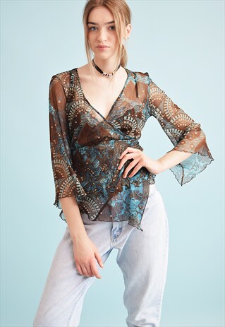 90'S RETRO BOHO STYLE ORIENTAL PRINT MESH TEEN TOP BLOUSE