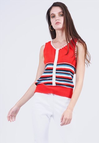 VINTAGE 70'S RED KNIT SLEEVELESS TOPS