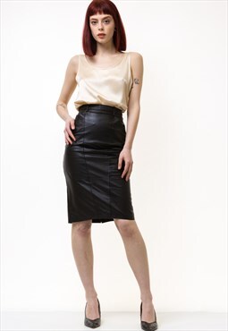 Vintage High Waist Pencil Knee Length Black Leather Skirt