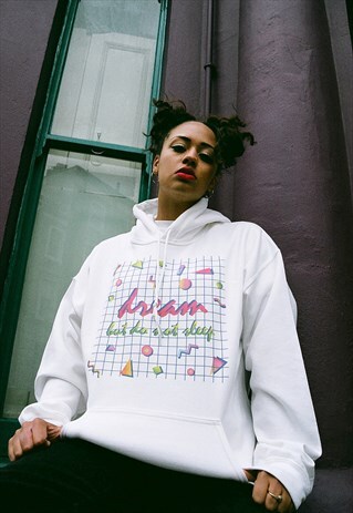 90S GRID DESIGN PRINTED ON A WHITE COTTON HOODIE